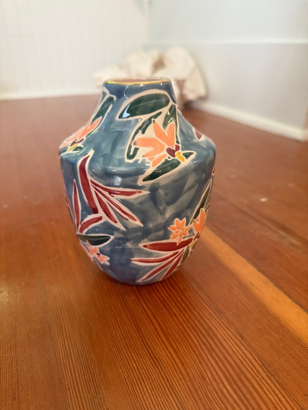 Anthropologie Blue Floral Ceramic Vase with Pink and Red Accents